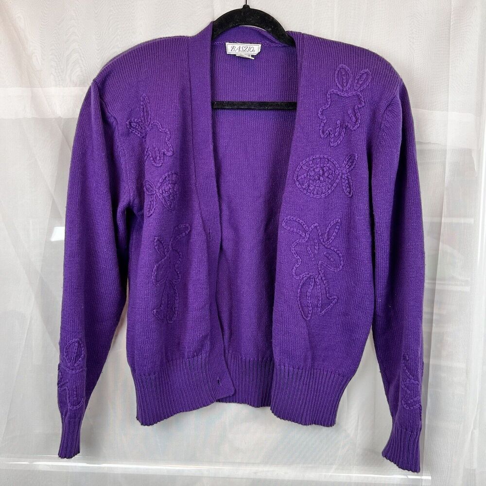 vintage Baszio embroidered knit button front cardigan sz Md retro preppy nerdy